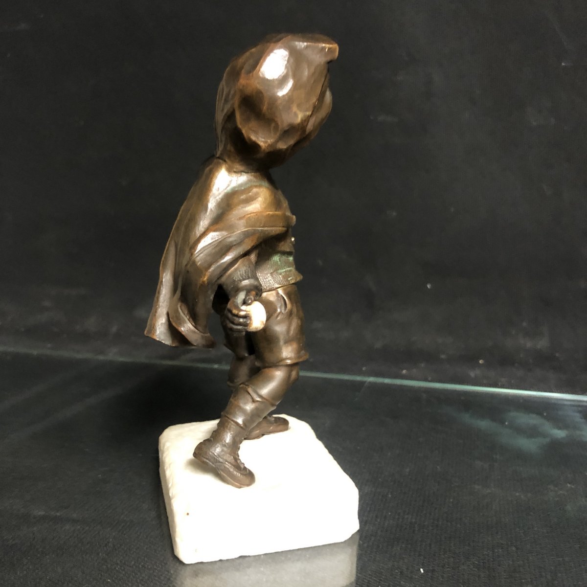 Rare Bronze And Marble Sculpture: Snowball Game Boules Player In Winter-photo-4