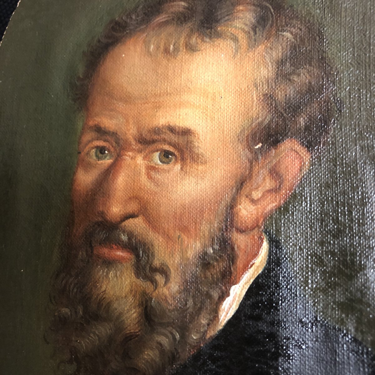 Huile sur toile XIXe Portrait homme barbu 21,5 cm x 16 cm Michaelangelo BUONARROTI EN TBE