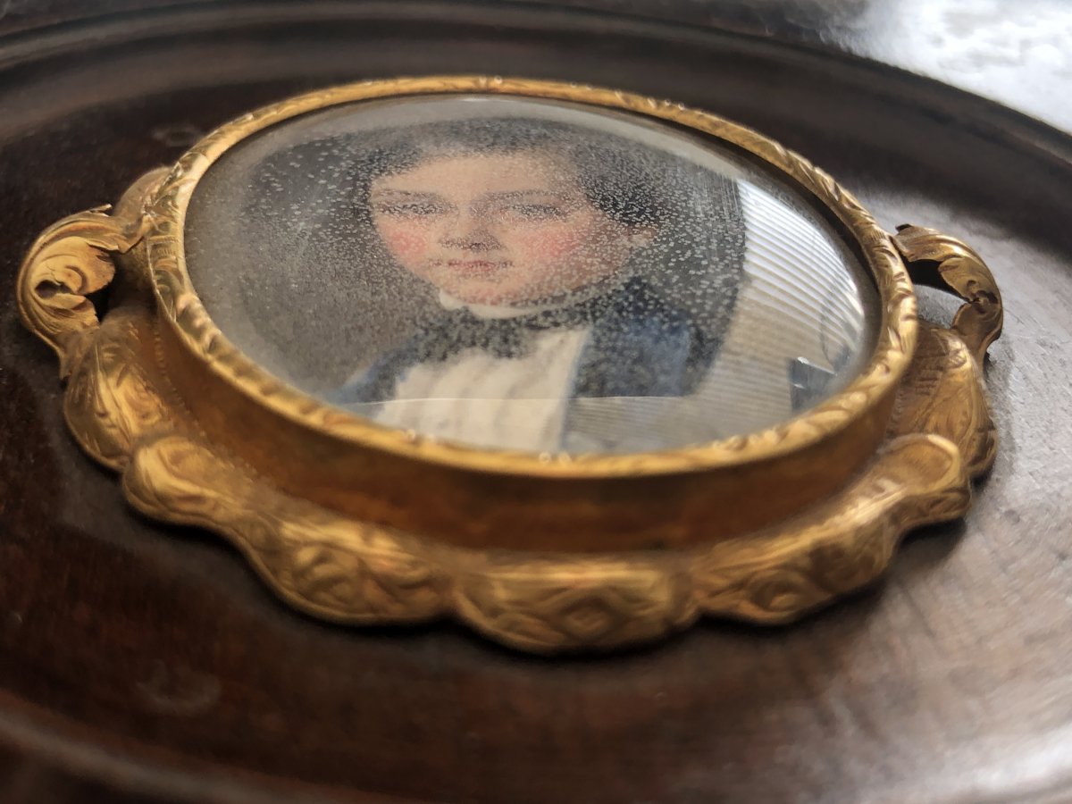 Mélanie Bost 1810- Miniature On Mother-of-pearl Set With Gold In A Rosewood Frame Young Boy-photo-4