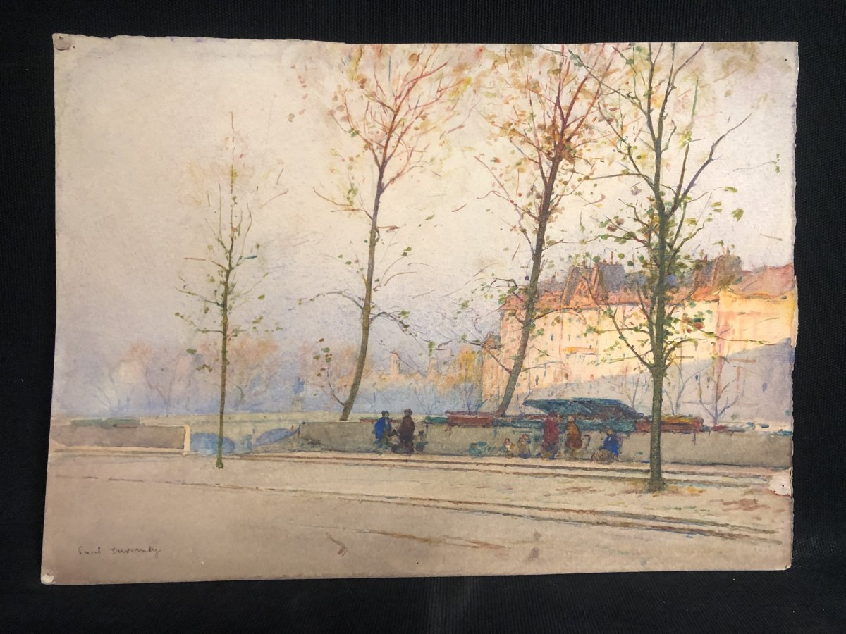 Paul Duvernay XXth Aquarelle Quai Des Bouquinistes In Paris Bouquiniste Along The Seine-photo-2