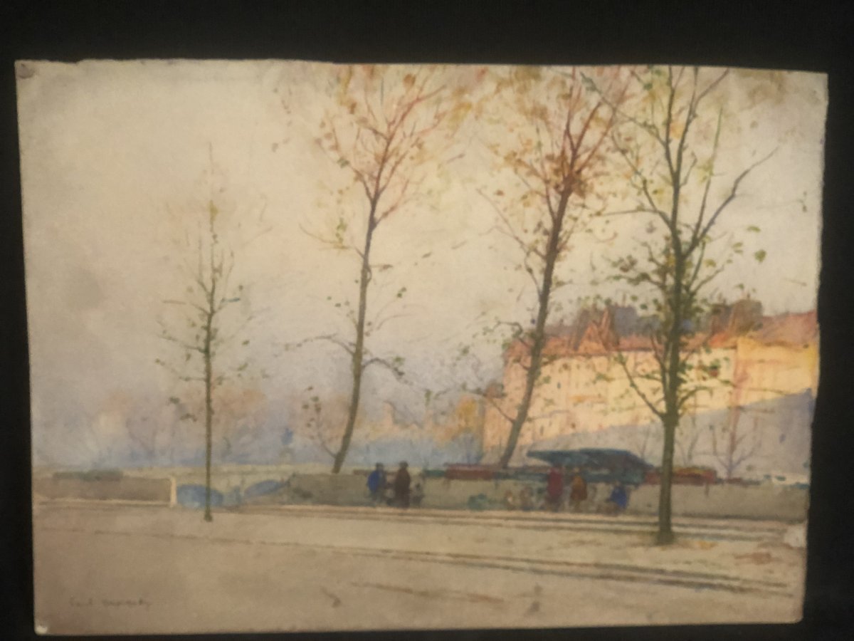 Paul Duvernay XXth Aquarelle Quai Des Bouquinistes In Paris Bouquiniste Along The Seine-photo-3