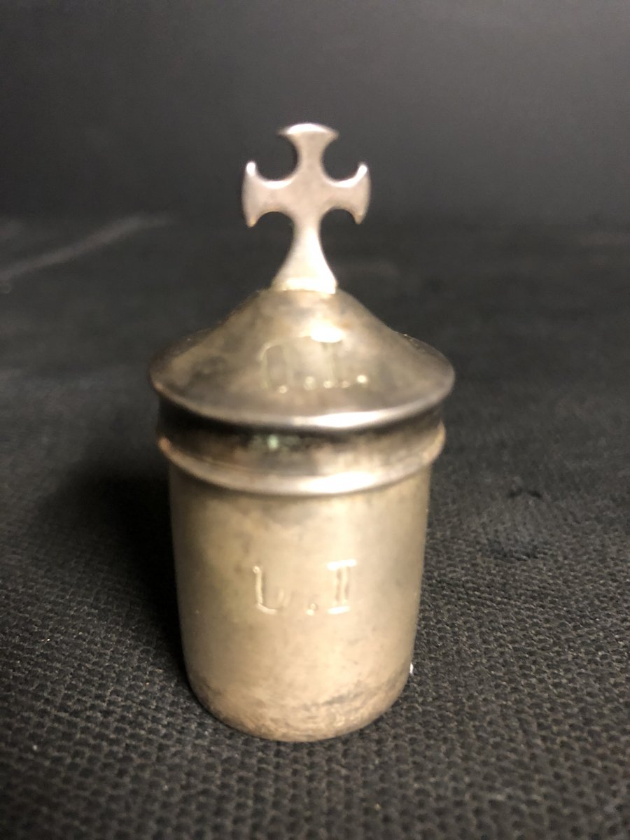 Bulb Box With Saintes Huiles In Silver Metal Nineteenth And Its Wooden Box-photo-2