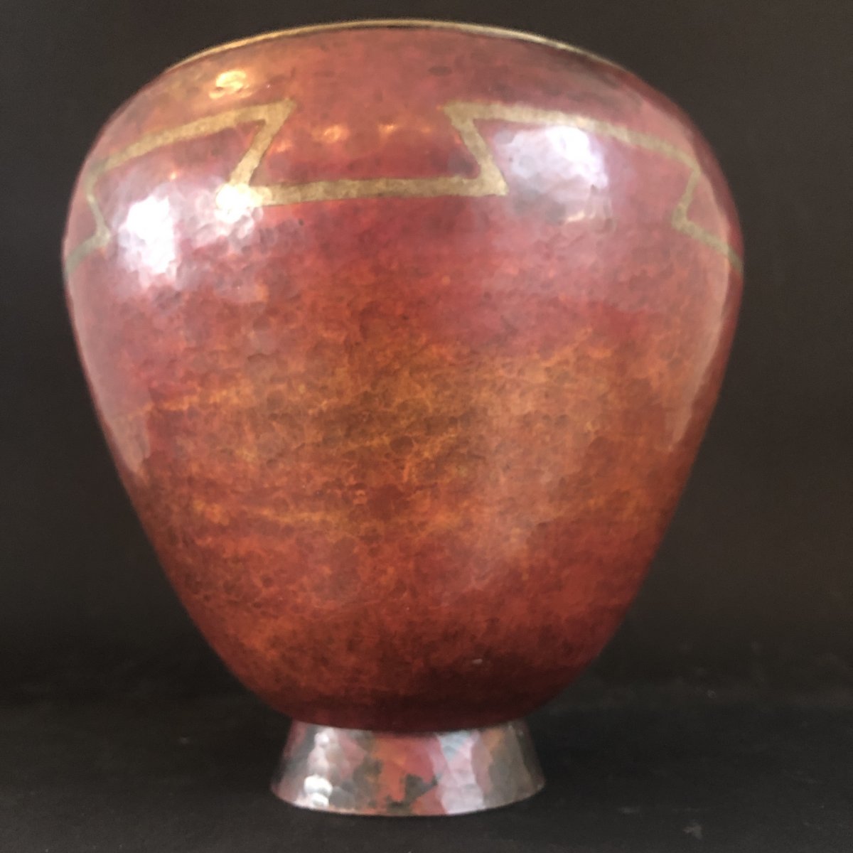 Claudius Linossier 1893-1953 Vase In Brasswork Geometric Decoration Hammered Art Deco / B-photo-1