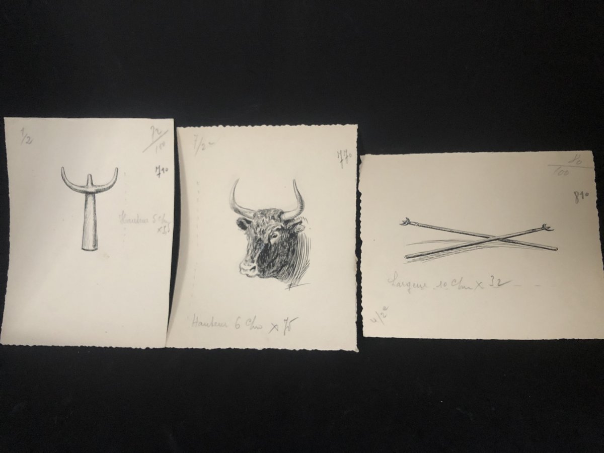 Eugène LELIEPVRE Dessins X3 à l'encre TAUREAU Camarguais et TRIDENT de gardian Arles Camargue /B