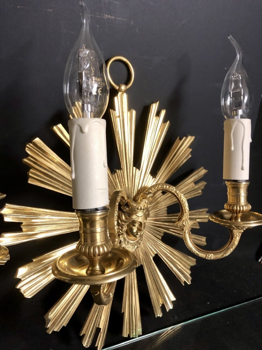 Pair Of Louis XIV Style Sun Sconces Nineteenth Time In Gilded Bronze With Beautiful Gilding-photo-6