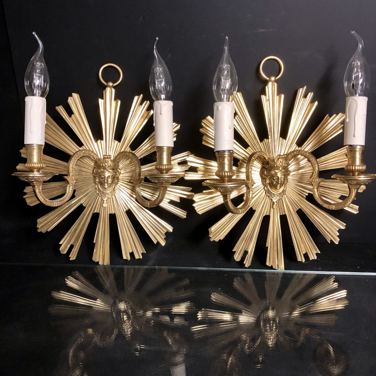 Pair Of Louis XIV Style Sun Sconces Nineteenth Time In Gilded Bronze With Beautiful Gilding