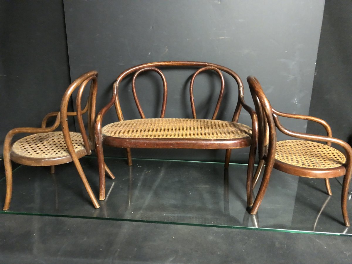 Rare Doll's Lounge 1900 In Bent Wood Style Thonet Children's Game In Tbe-photo-3