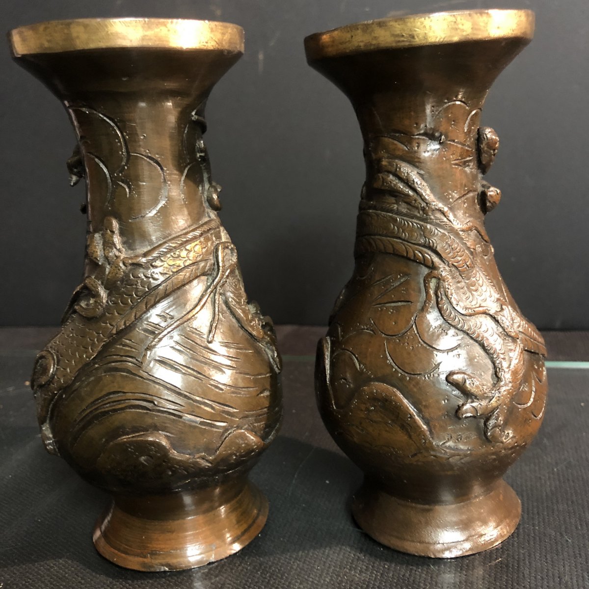 China Pair Of 19th Century Bronze Dragon Vases-photo-3