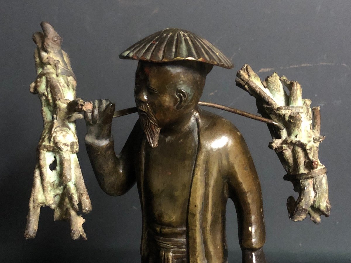 INDOCHINE Bronze fin XIXe Porteur de fagots  25 cm Vietnam Asie-photo-2
