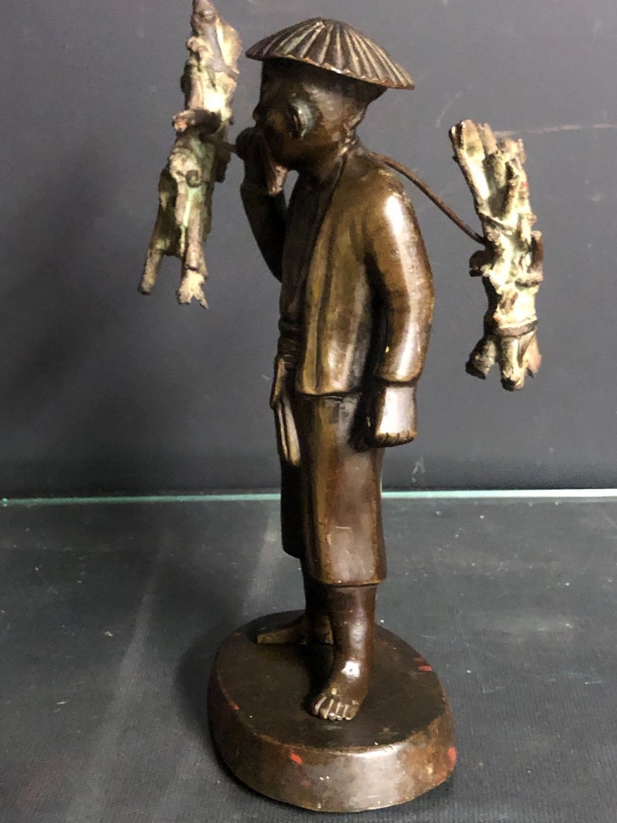 INDOCHINE Bronze fin XIXe Porteur de fagots  25 cm Vietnam Asie-photo-2