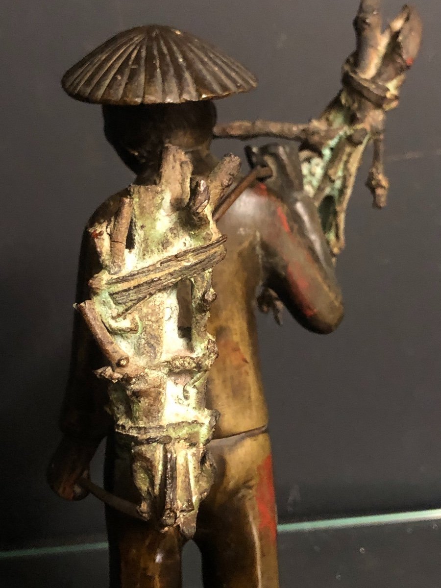 INDOCHINE Bronze fin XIXe Porteur de fagots  25 cm Vietnam Asie-photo-3