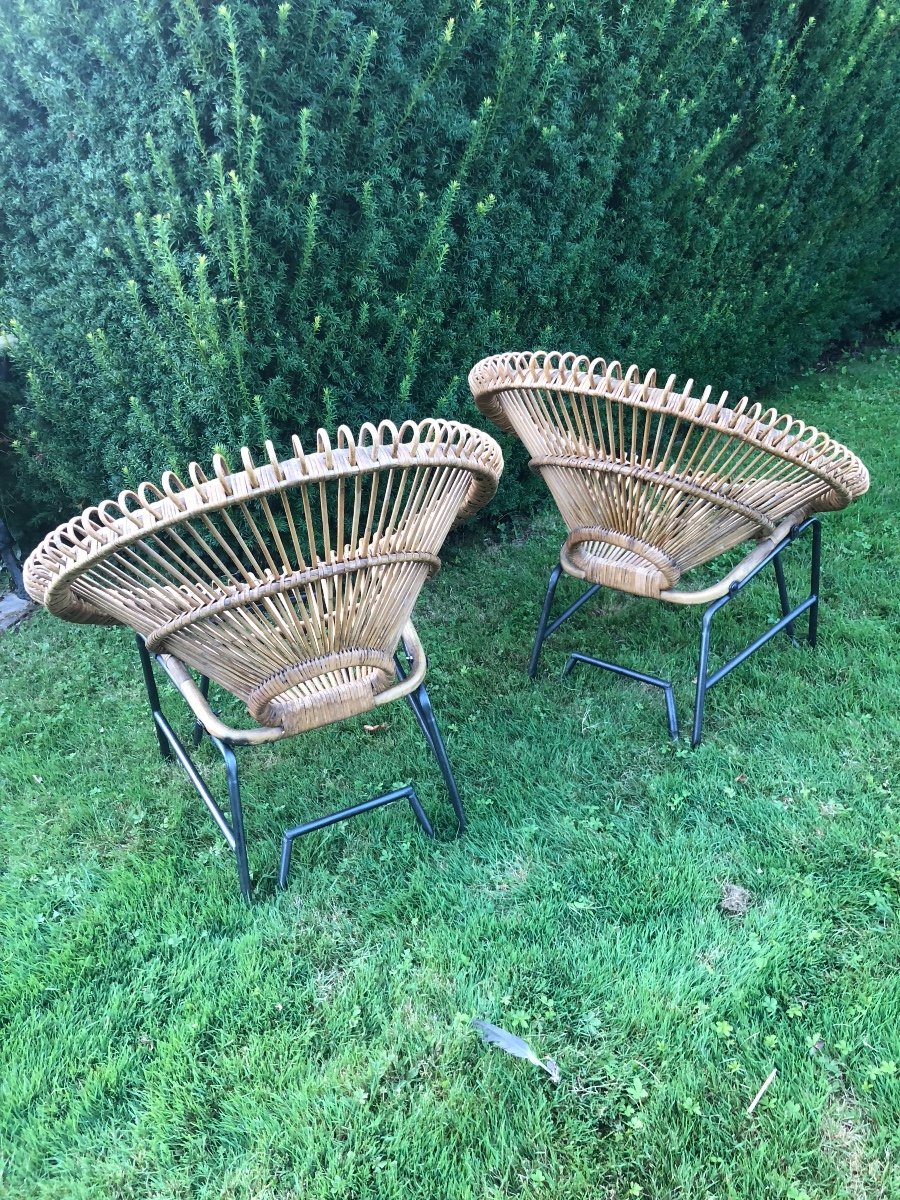 Franco Albini (1905-1977) In The Style Of Pair Of Armchairs In Rattan And Black Metal 1960-photo-2