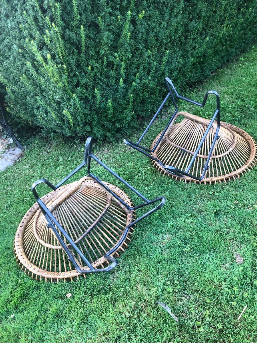 Franco Albini (1905-1977) In The Style Of Pair Of Armchairs In Rattan And Black Metal 1960-photo-4