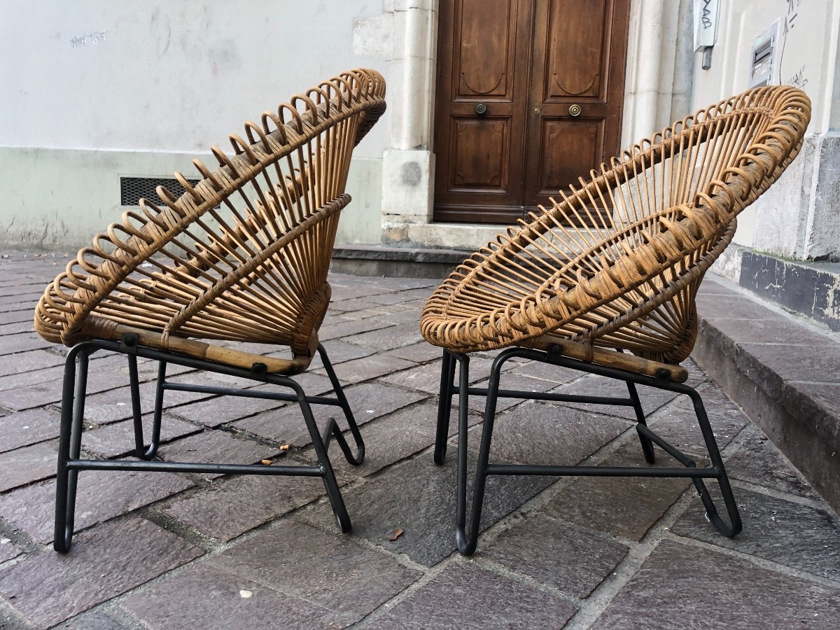 Franco Albini (1905-1977) In The Style Of Pair Of Armchairs In Rattan And Black Metal 1960-photo-4