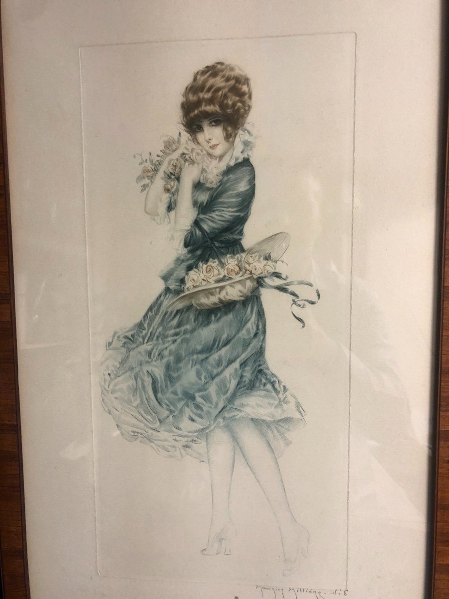 Maurice Milliere 1871-1946 Young Elegant With Roses Drypoint-photo-3