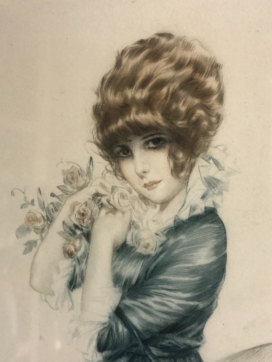 Maurice Milliere 1871-1946 Young Elegant With Roses Drypoint-photo-2
