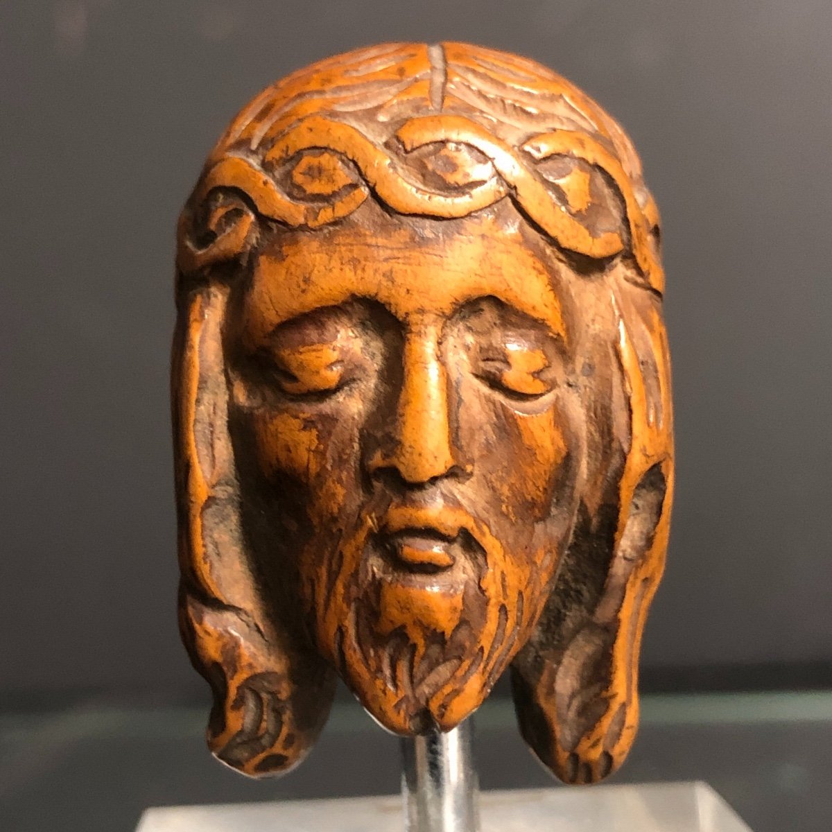 Rare Memento Mori XVII Double-sided Head Of Christ And Skull In Boxwood Two-headed Base-photo-2