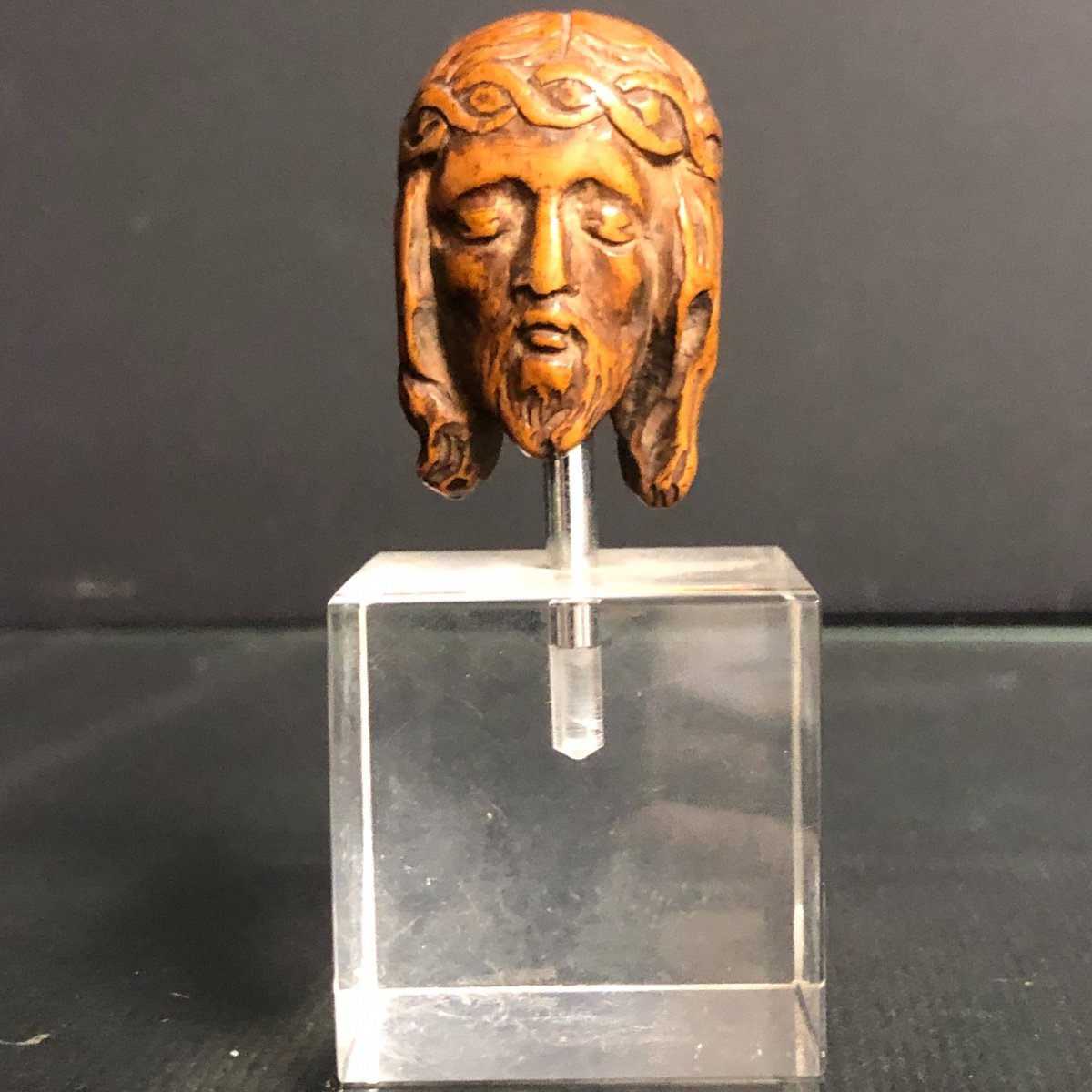 Rare Memento Mori XVII Double-sided Head Of Christ And Skull In Boxwood Two-headed Base-photo-4