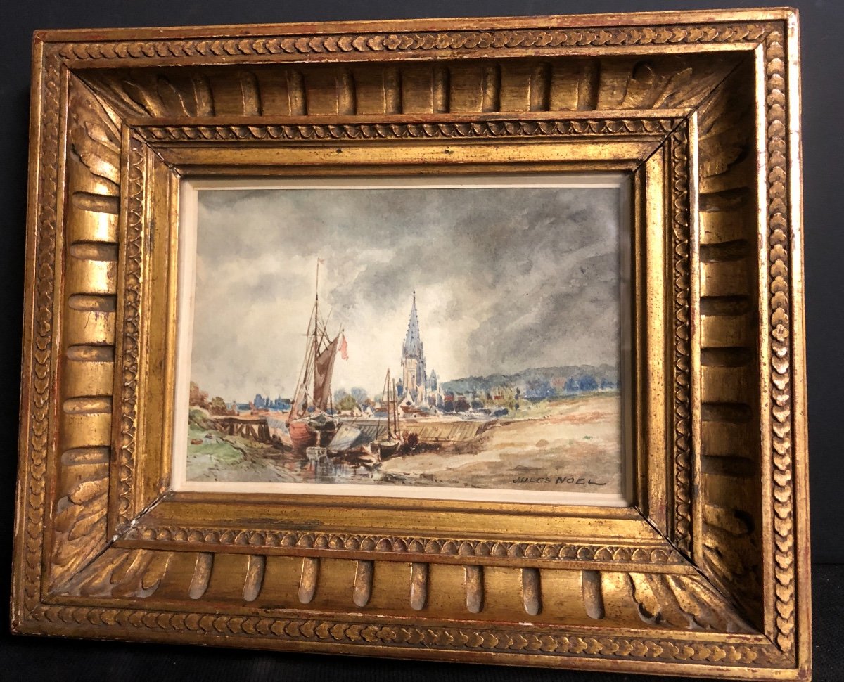 Jules Achille NOEL 1810-1881 Aquarelle Bateaux de pêche sur la côte Normande J. Noël Normandie-photo-2