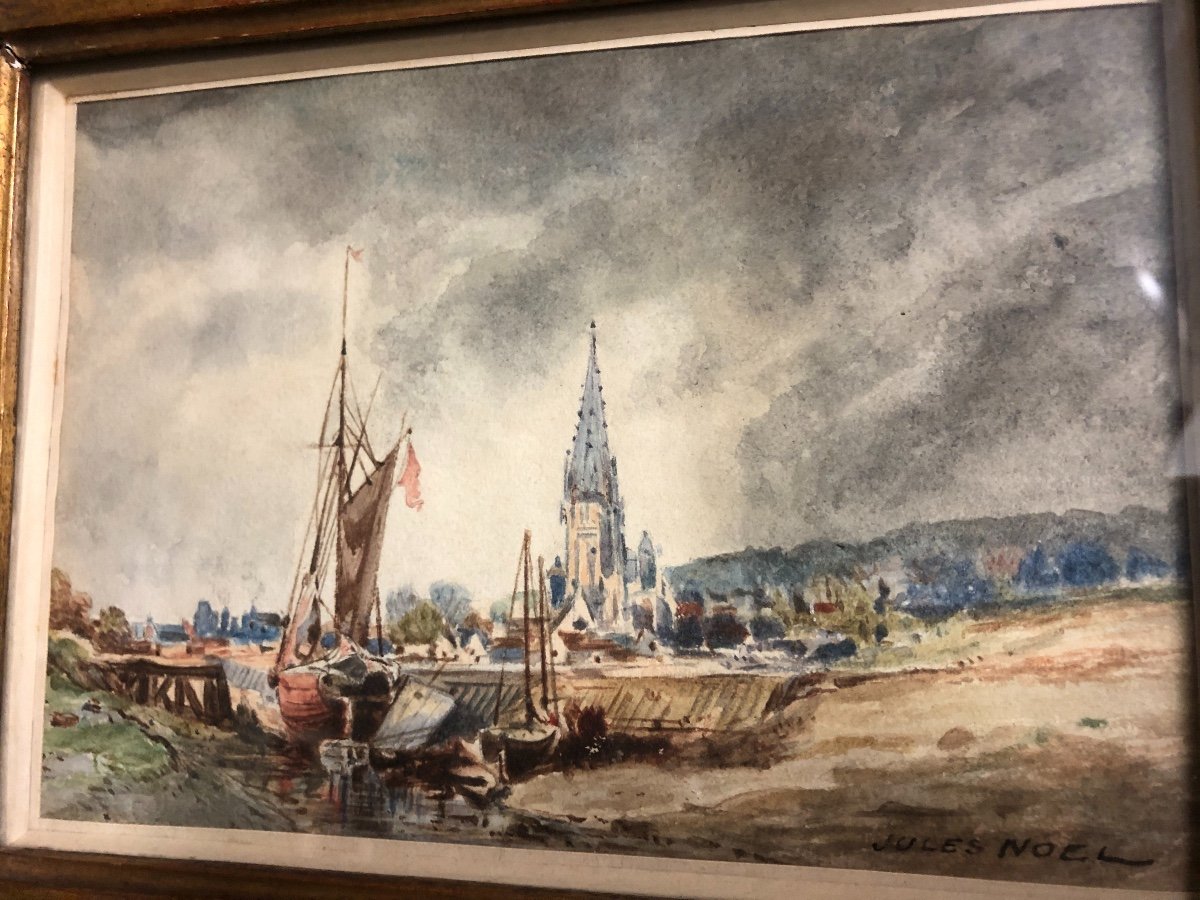 Jules Achille NOEL 1810-1881 Aquarelle Bateaux de pêche sur la côte Normande J. Noël Normandie-photo-3