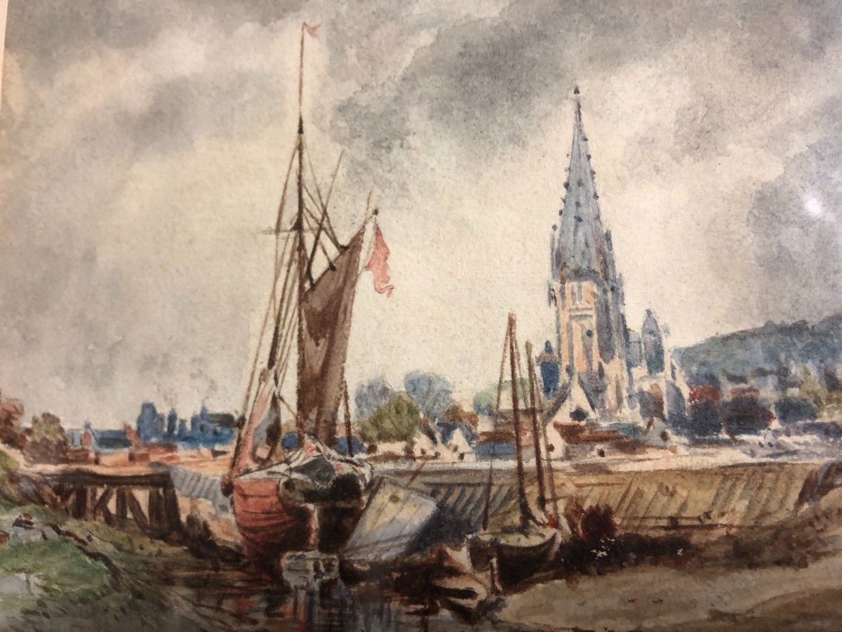 Jules Achille NOEL 1810-1881 Aquarelle Bateaux de pêche sur la côte Normande J. Noël Normandie-photo-1
