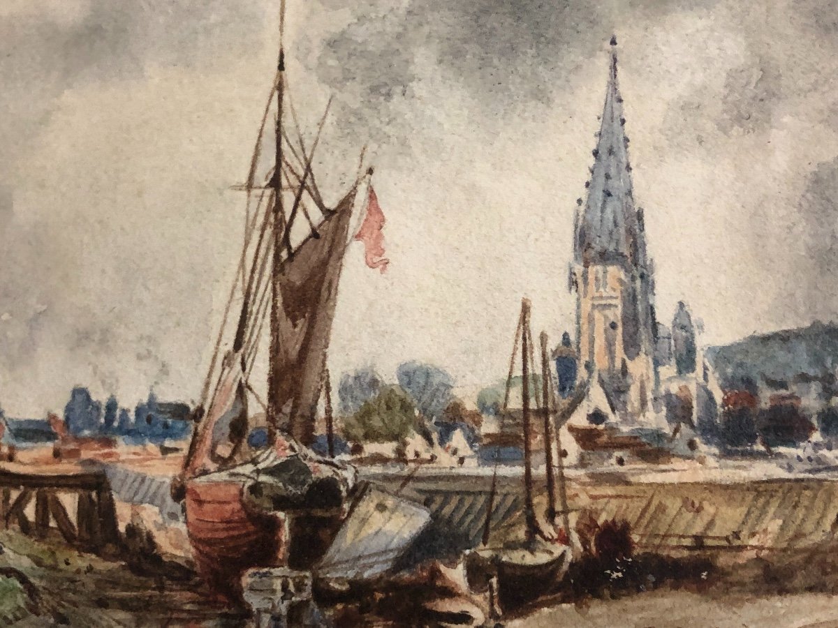 Jules Achille NOEL 1810-1881 Aquarelle Bateaux de pêche sur la côte Normande J. Noël Normandie-photo-3