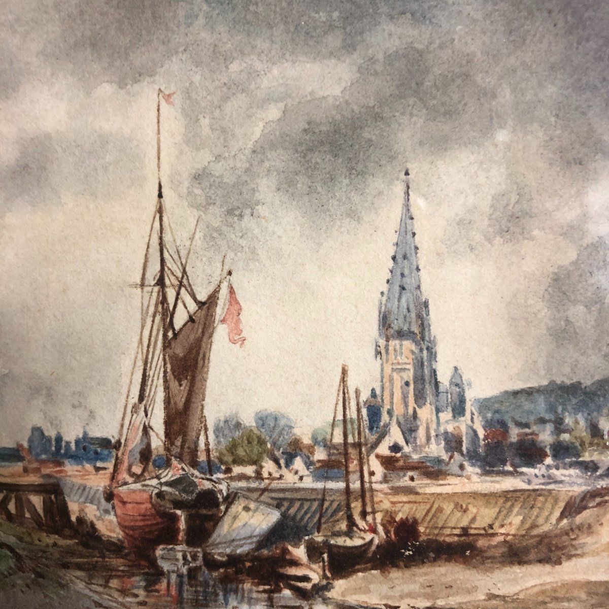 Jules Achille NOEL 1810-1881 Aquarelle Bateaux de pêche sur la côte Normande J. Noël Normandie
