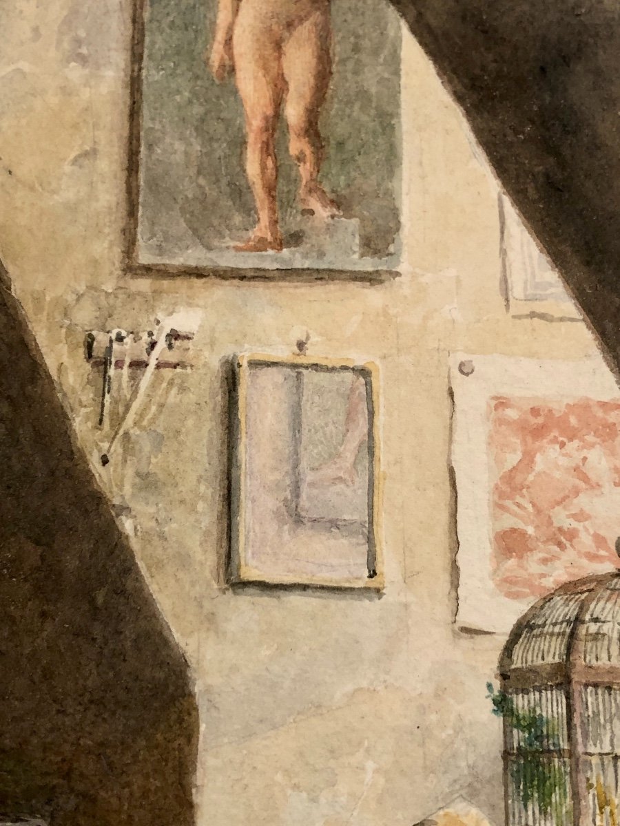 Maurice LELOIR 1853-1940 PEINTRE ET SON MODELE Aquarelle exposée en 1922 Galerie G. PETIT Paris-photo-2