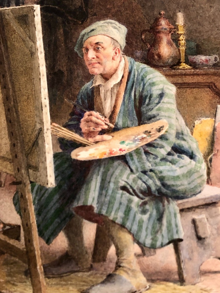 Maurice LELOIR 1853-1940 PEINTRE ET SON MODELE Aquarelle exposée en 1922 Galerie G. PETIT Paris-photo-4