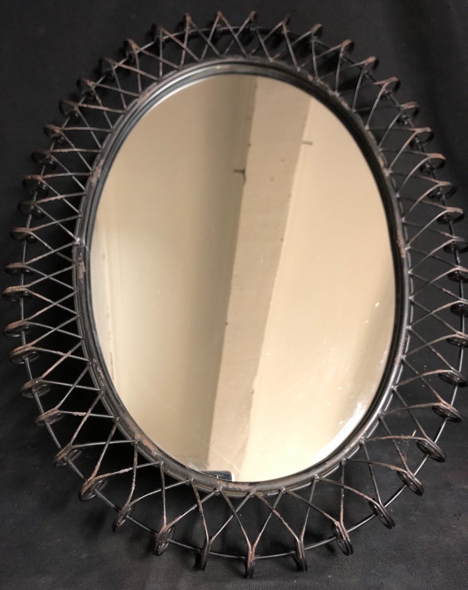 Large Oval Mirror In Black Metal Weaving 64.5 X 51 Cm