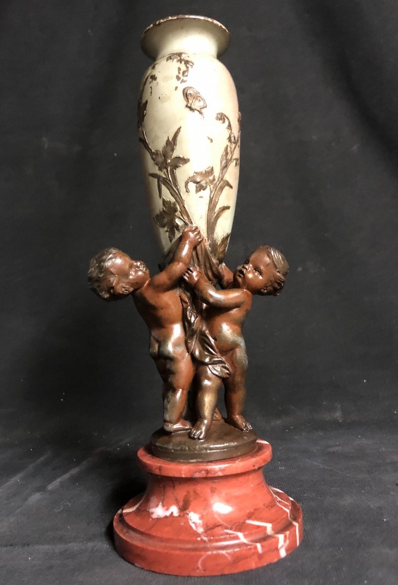 Charming Flower Girl / Vase Mounted XIXth 2 Putti Supporting An Amphora-photo-4