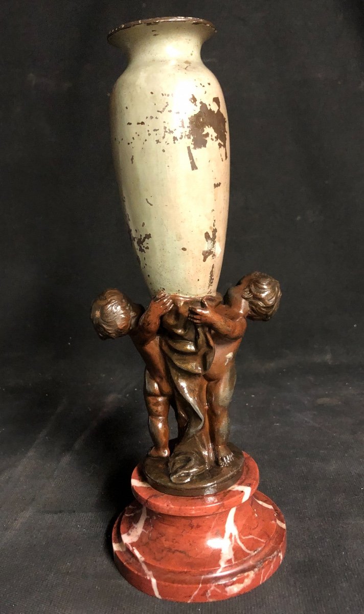 Charming Flower Girl / Vase Mounted XIXth 2 Putti Supporting An Amphora-photo-3