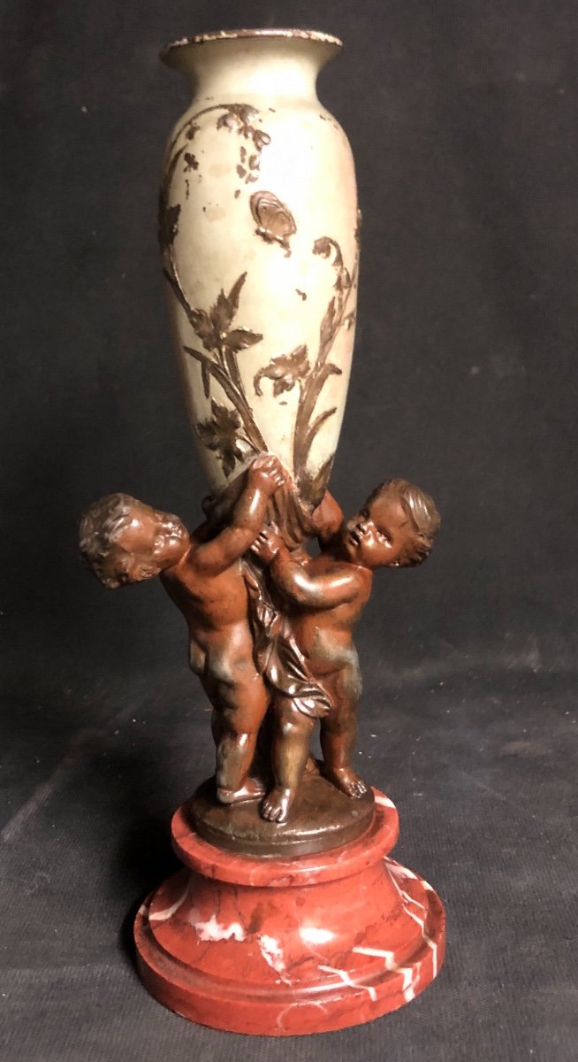 Charming Flower Girl / Vase Mounted XIXth 2 Putti Supporting An Amphora