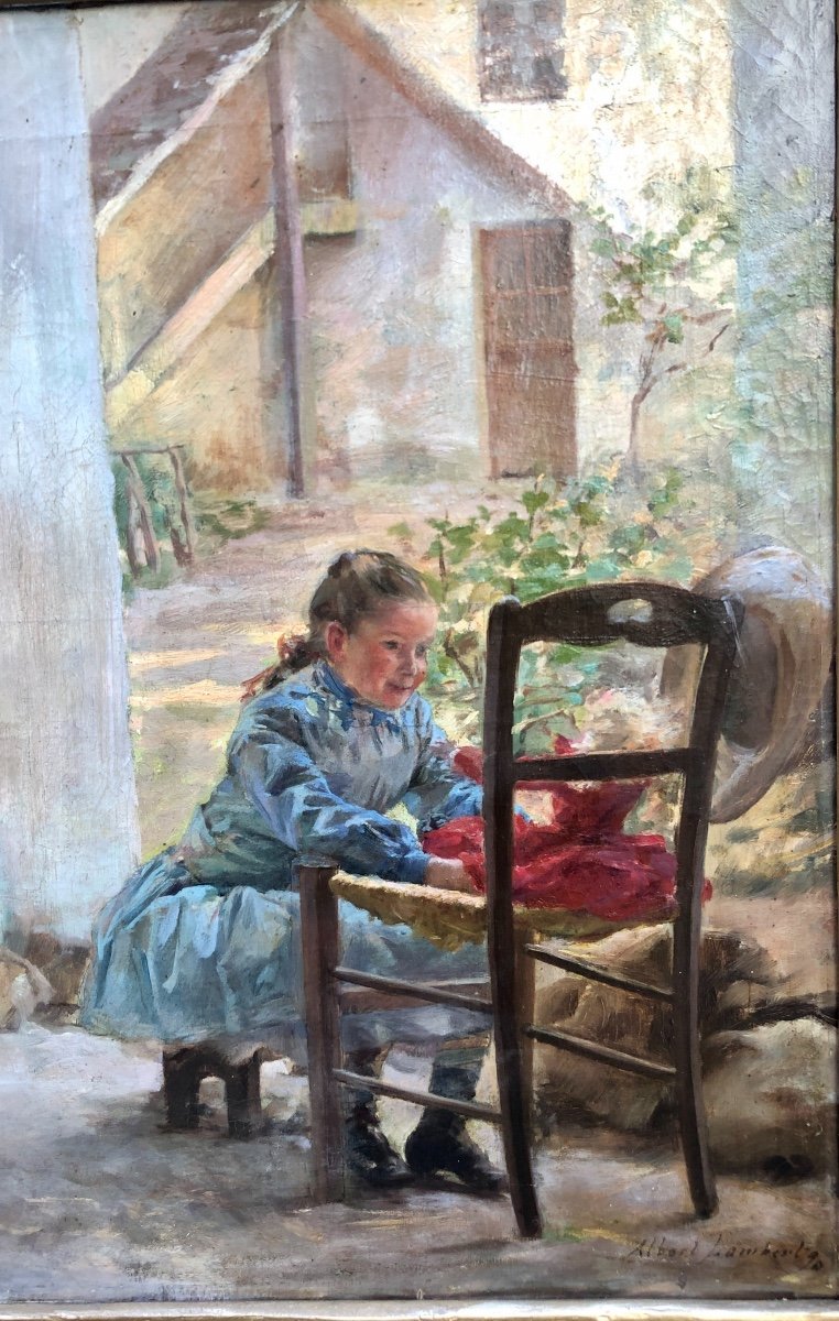 Albert LAMBERT 1854-? Huile sur toile JEUNE FILLE JOUANT À LA POUPÉE 1890-photo-4