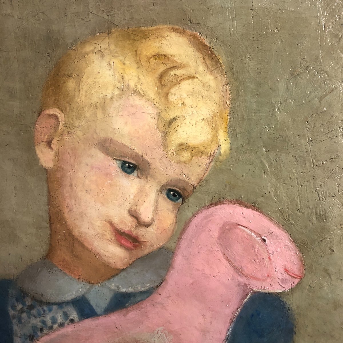 CURIEUSE huile sur toile signée ENFANT BLOND ET PELUCHE ROSE C.B.C. 49 Exposition-photo-1