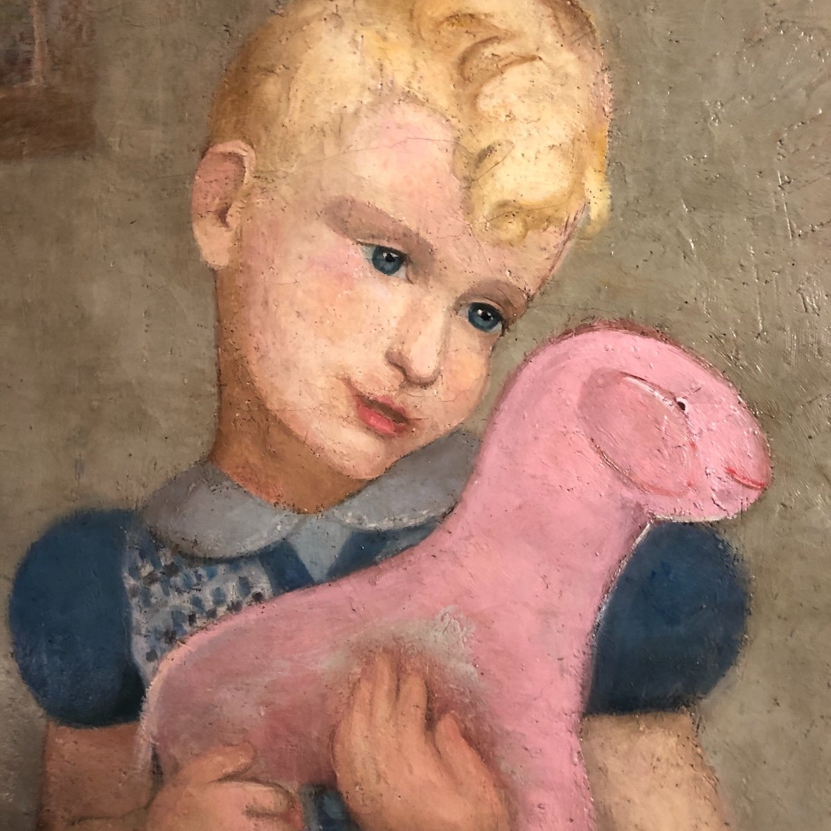 CURIEUSE huile sur toile signée ENFANT BLOND ET PELUCHE ROSE C.B.C. 49 Exposition-photo-7