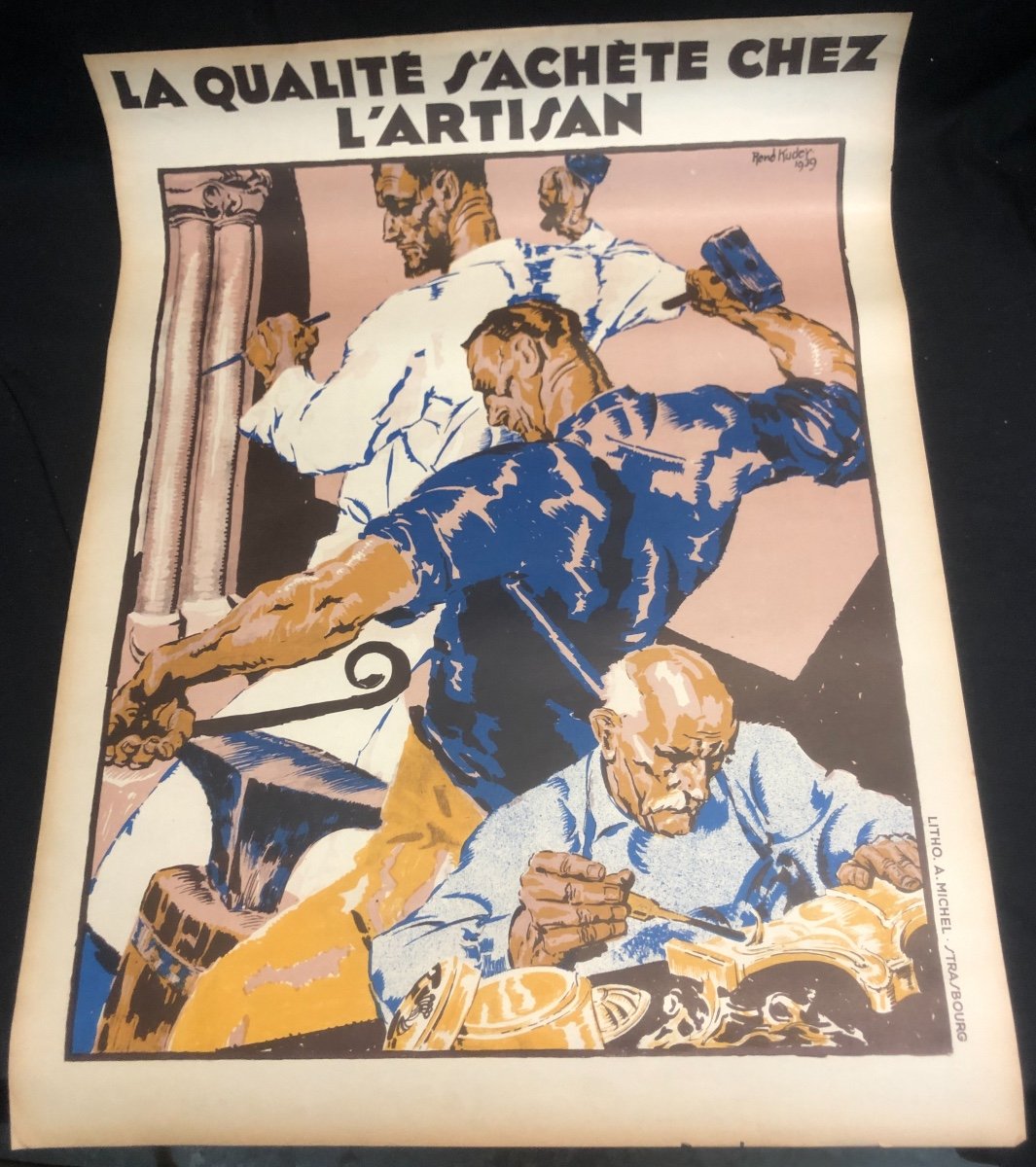 René Kuder 1882-1962 Strasbourg Lithographic Poster 1939 Man At Work Alsace-photo-4