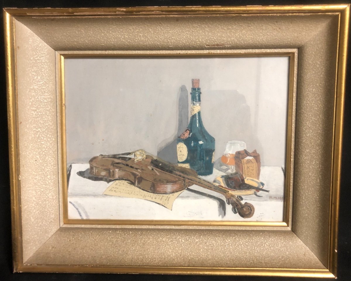 Still Life With Violin And Benedictine Watercolor And Gouache From 1954 Signed Rm-photo-2