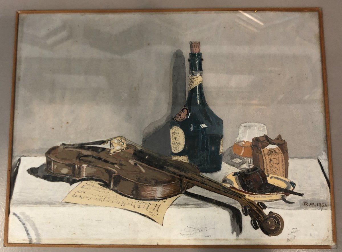 Still Life With Violin And Benedictine Watercolor And Gouache From 1954 Signed Rm-photo-4