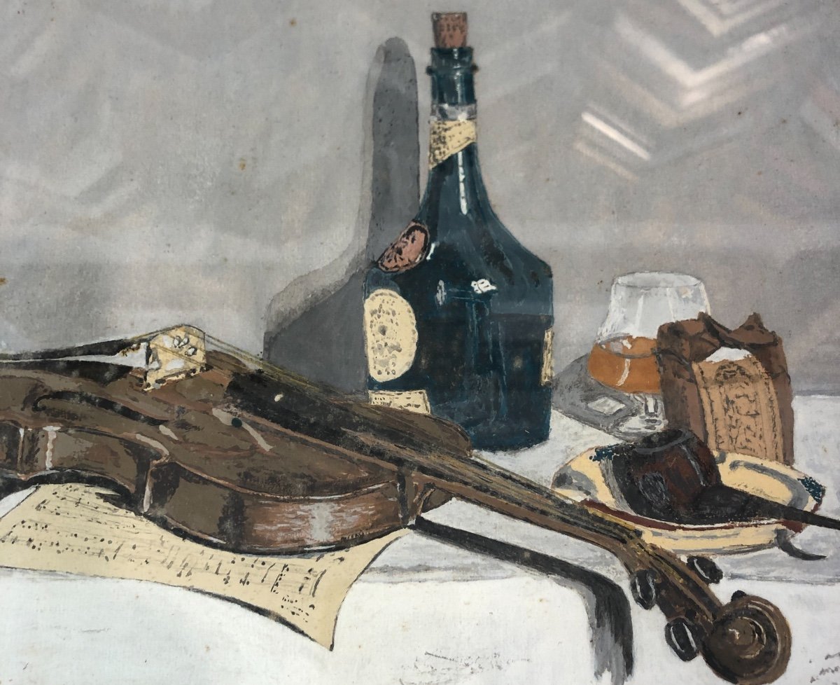 Still Life With Violin And Benedictine Watercolor And Gouache From 1954 Signed Rm-photo-2