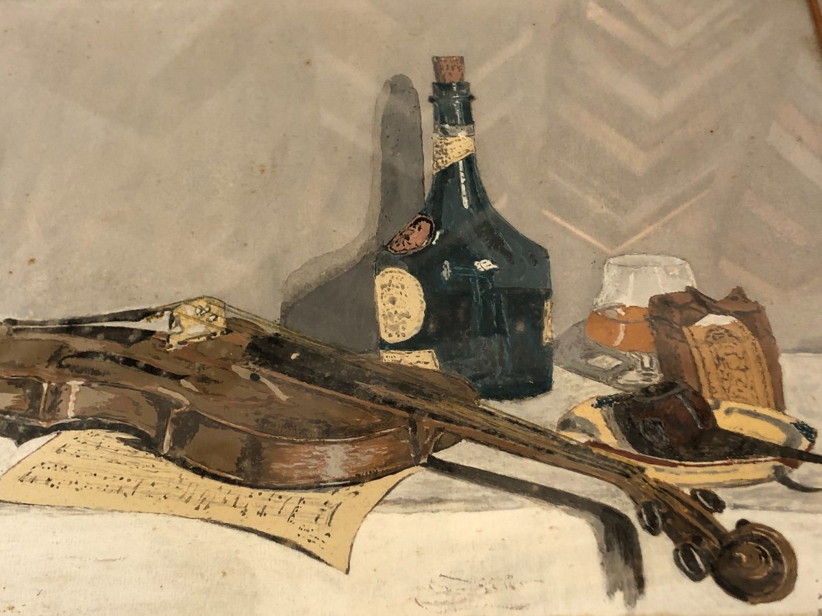 Still Life With Violin And Benedictine Watercolor And Gouache From 1954 Signed Rm-photo-5