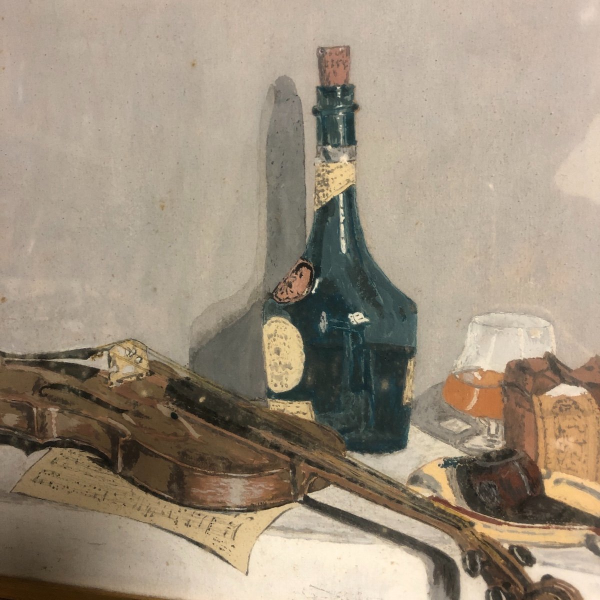 Still Life With Violin And Benedictine Watercolor And Gouache From 1954 Signed Rm