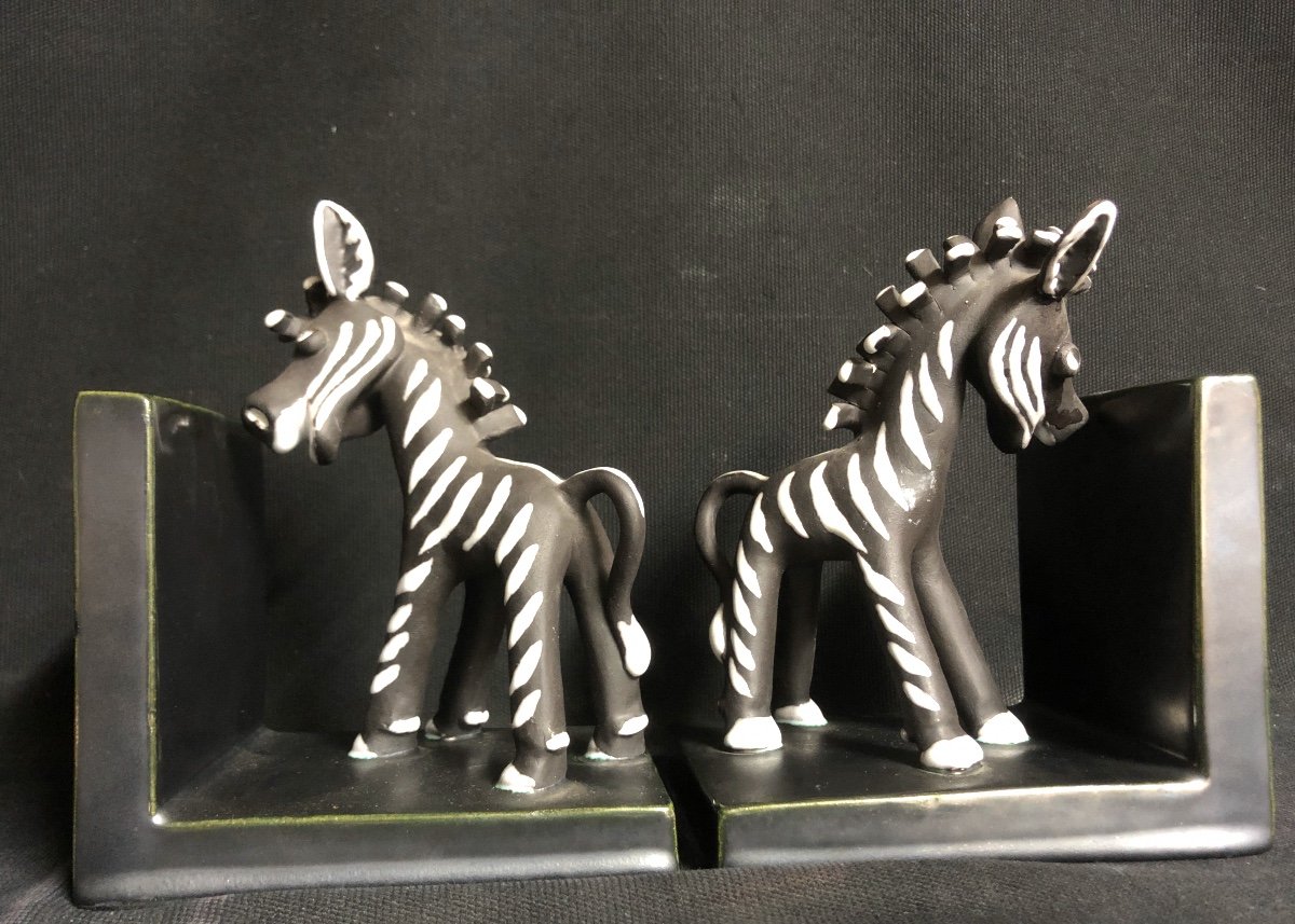Pair Of Greenhouses Zebras In The Style Of Primavera Colette Gueden Enamelled Ceramic-photo-2