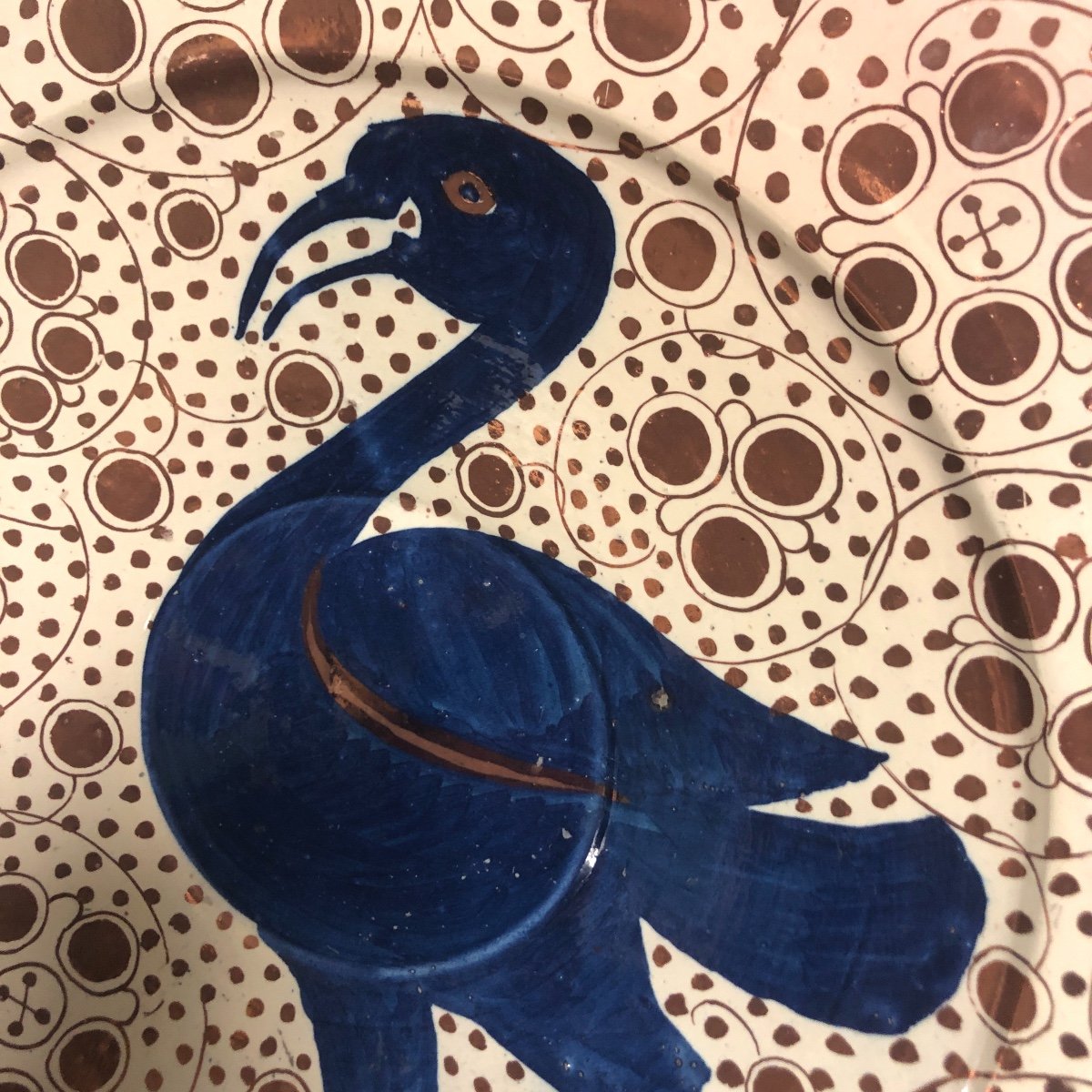 MANISES Grand et ancien plat 40 cm Espagne Oiseau bleu En très bon état-photo-2