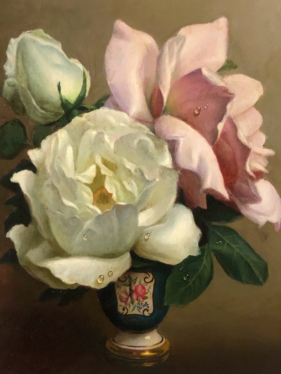 Irène Klestova 1908-1989 Russian Flowers And Pearls Of Dew In A Vase Oil Roses-photo-8