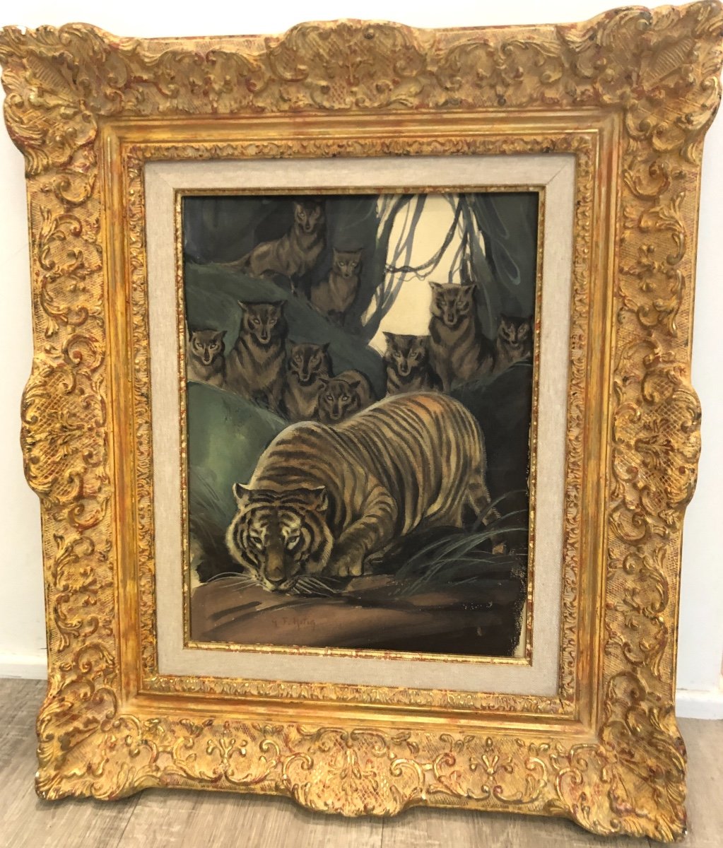 Georges Frederic ROTIG RARE gouache TIGRE ET LOUPS Art Deco-photo-2