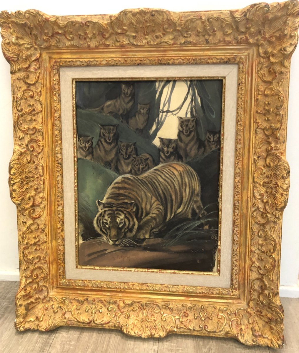 Georges Frederic Rotig Rare Gouache Tiger And Wolves Art Deco-photo-3