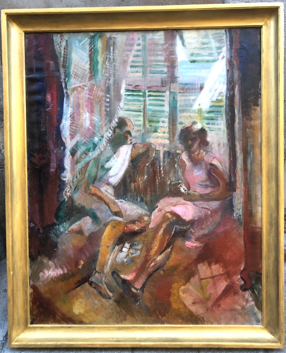 Marguerite Barthelemy XXth Large Oil The Party Of Cards Young Women-photo-2