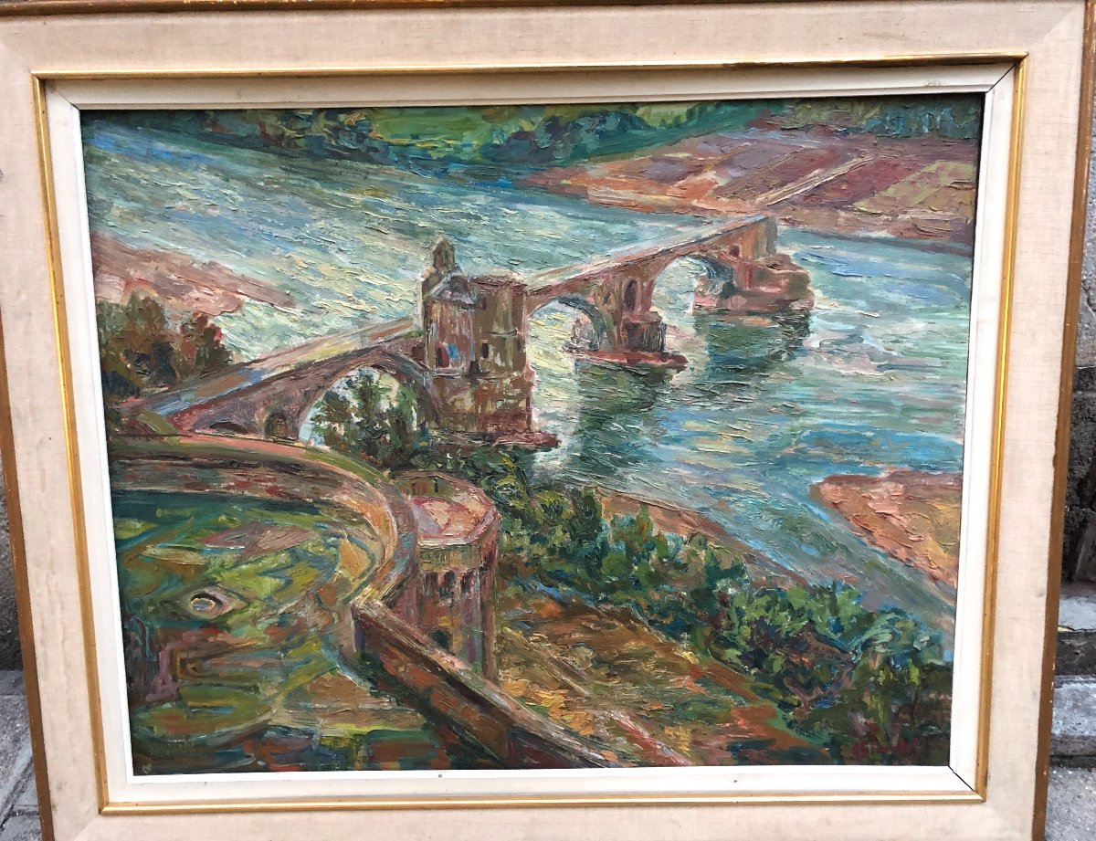 Important Oil Signed Le Pont D 'avignon 92 X 111 Cm XXth Saint Benezet-photo-2