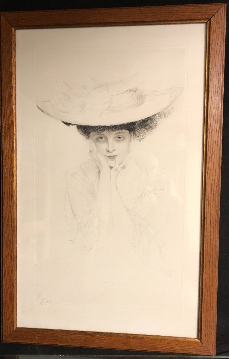 Paul Cesar HELLEU 1859-1927 GRANDE pointe sèche Jeune femme au chapeau Sagot à Paris signée -photo-2